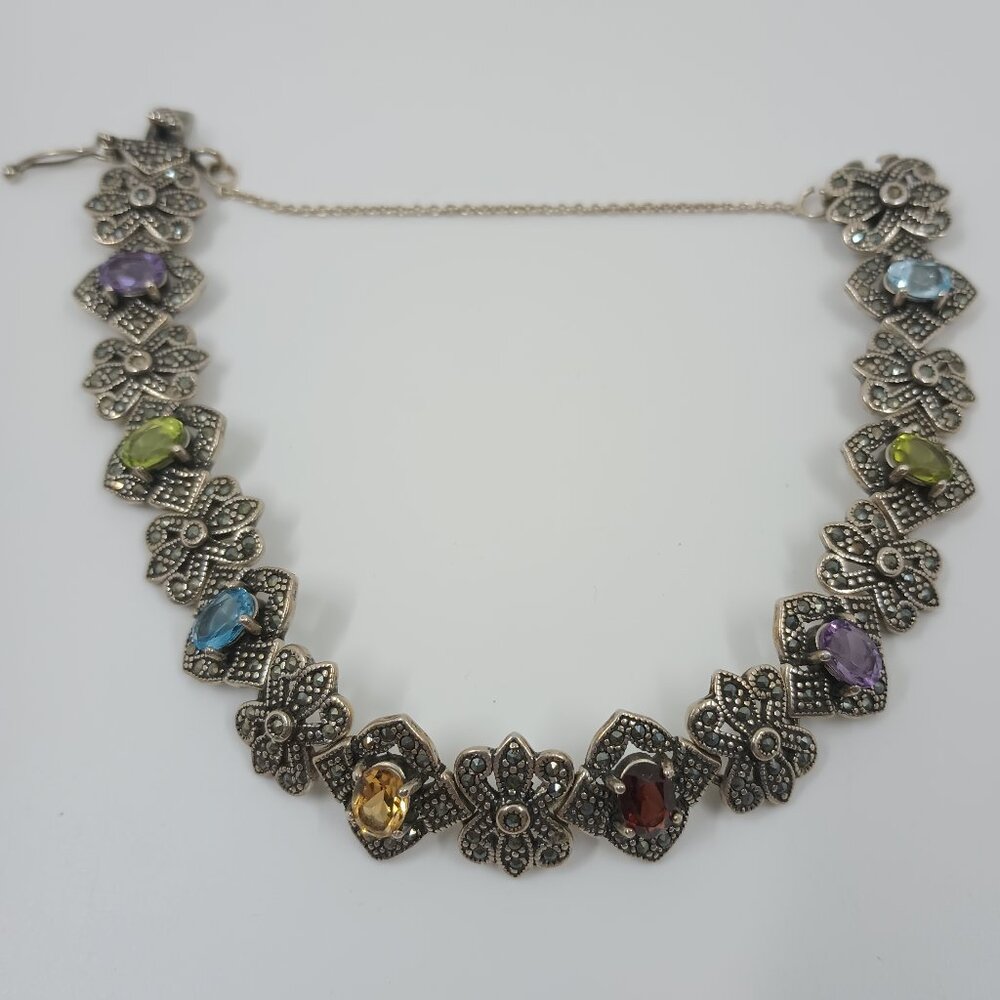 Multi-Gem and Marcasite Sterling Silver Link Bracelet.